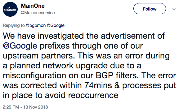 MainOne confirms misconfiguration led to BGP leak