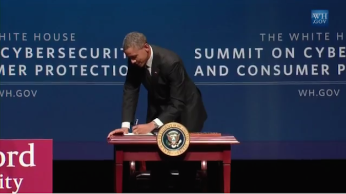 Obama Signs Executive Order After an Address at Stanford University