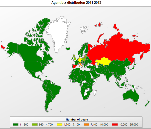 Map of infections caused by different modifications of “Agent.btz” in 2011-2013