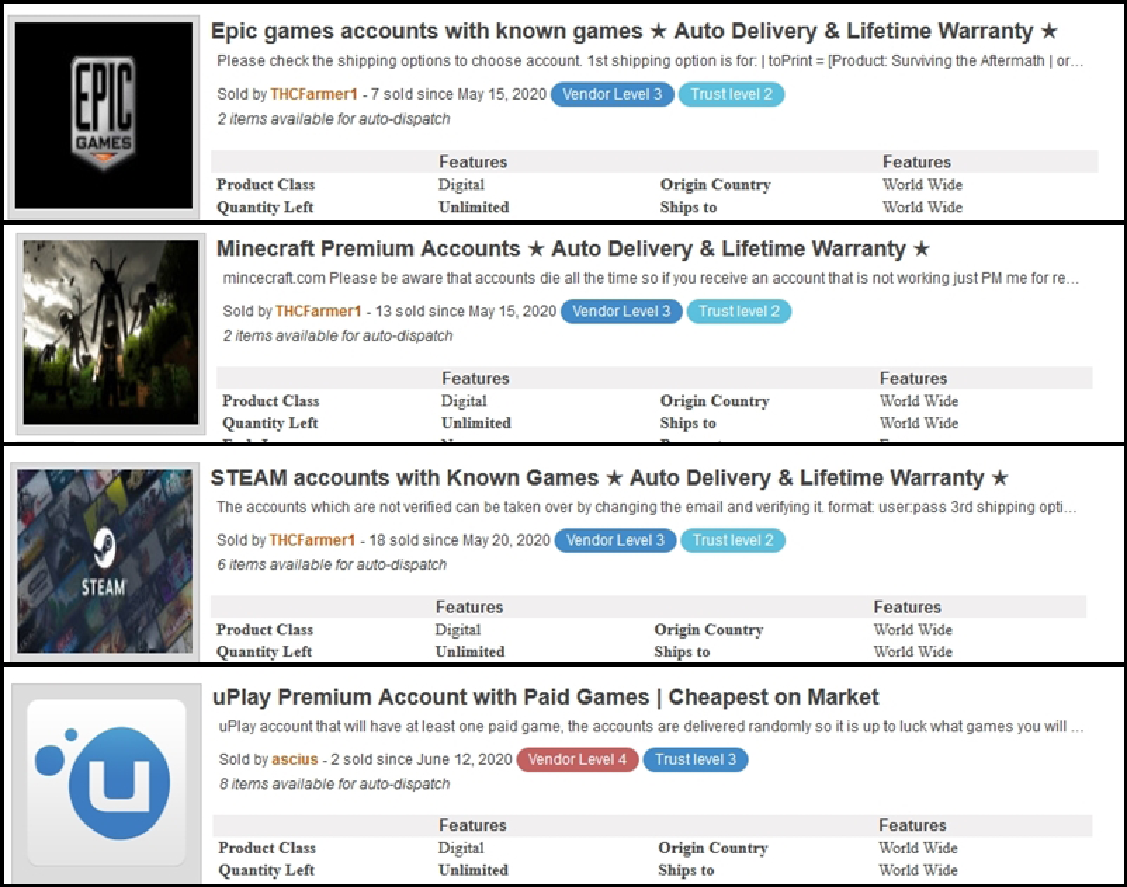 Gaming Accounts for Sale in Cybercrime Underground
