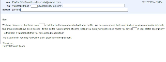 Vulnerability in Internal PayPal Portal Screenshot