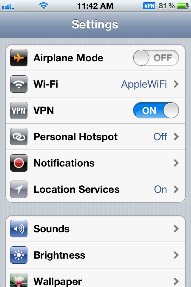 iOS VPN Settings Screenshot