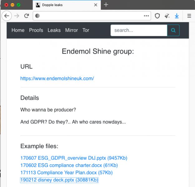 Endemol Shine on DoppelPaymer ransomware site