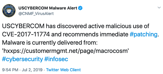 USCYBERCOM warns of attacks exploiting CVE-2017-11774