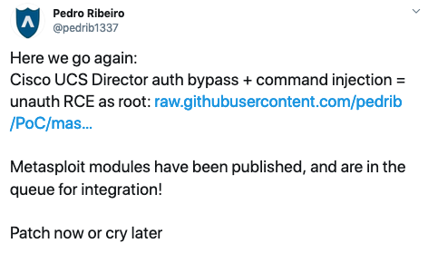 Pedro Ribeiro tweet on Cisco UCS vulnerabilities