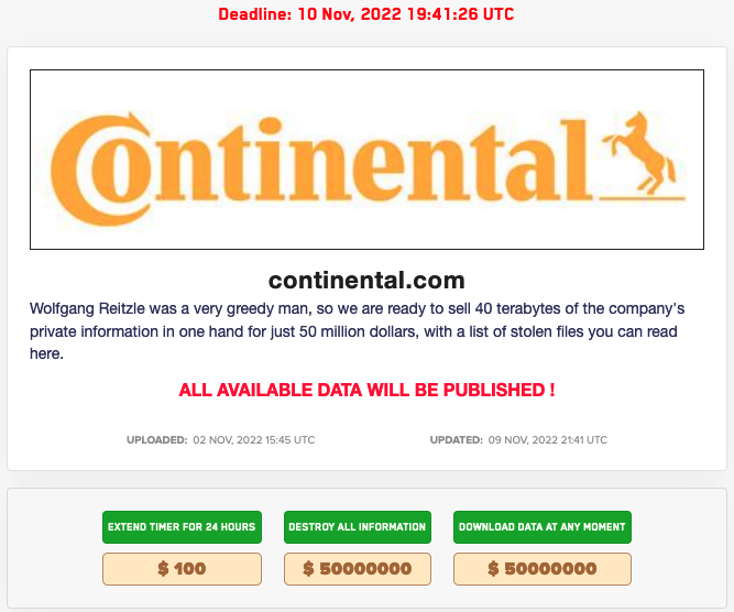 Ransomware Gang Offers to Sell Files Stolen From Continental for $50 Million