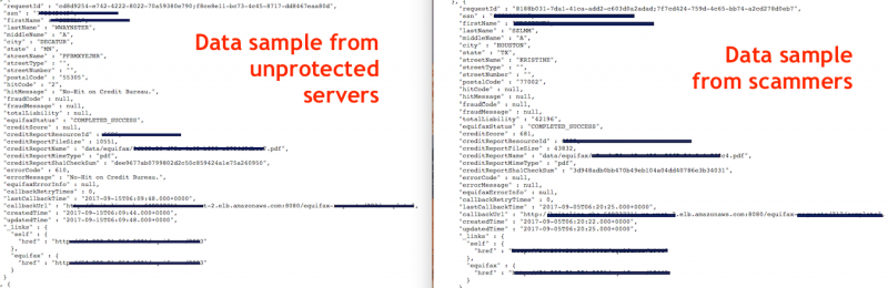 Comparison between data sample from scammers and sample form unprotected server