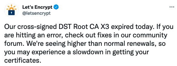 Let's Encrypt warns of expired root certificate