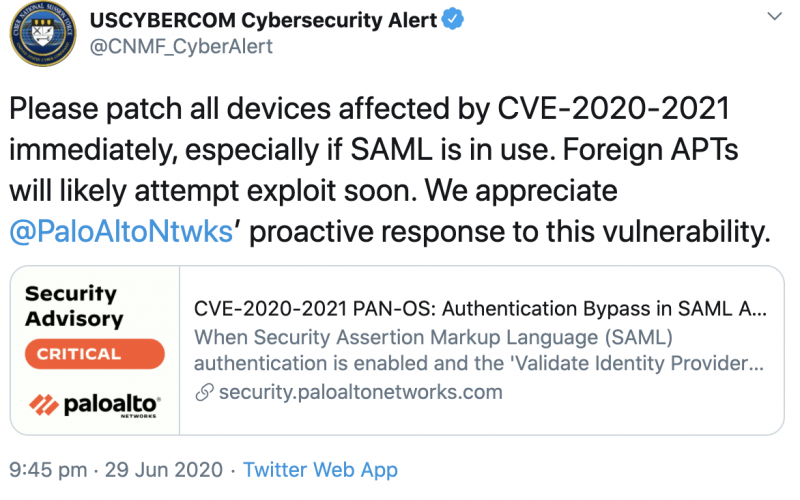 USCYBERCOM warns of PAN-OS vulnerability 