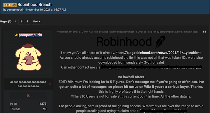 Robinhood data sold by hacker