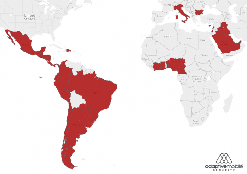 Countries vulnerable to Simjacker attacks