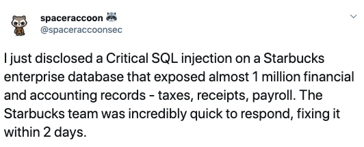 SQL injection vulnerability in Starbucks