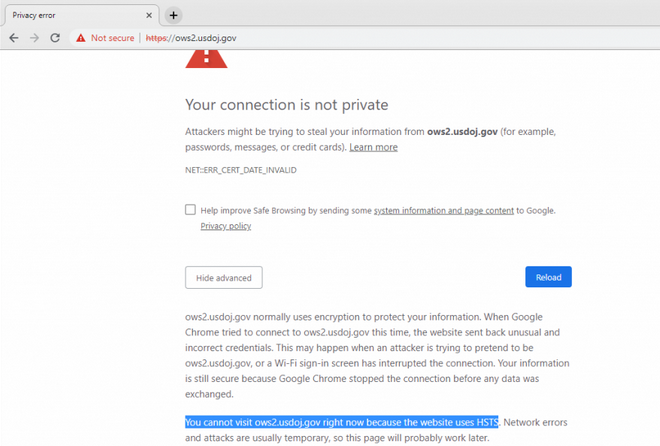 Certificate expired on Justice Department domain - via Netcraft