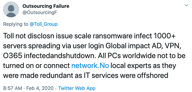 Toll ransomware tweet