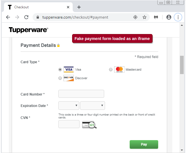 Phishing page on Tupperware website