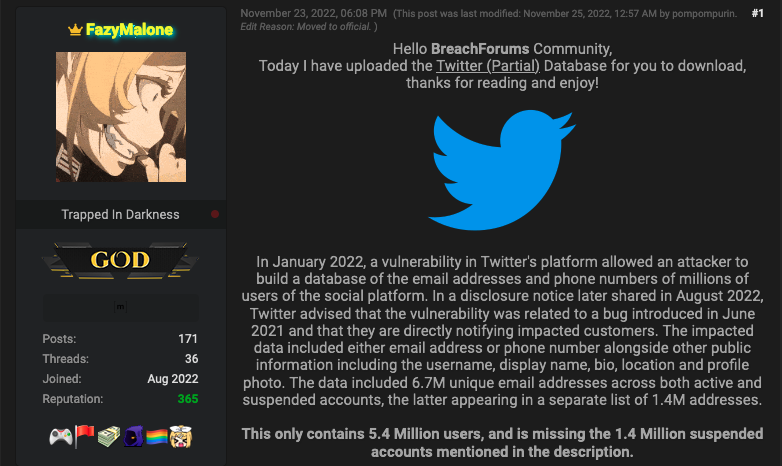 Leak resulting from Twitter data breach