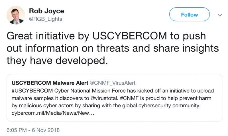 USCYBERCOM shares malware samples on VirusTotal