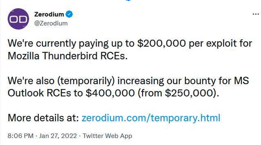 Zerodium increases payouts for Outlook zero-day exploits