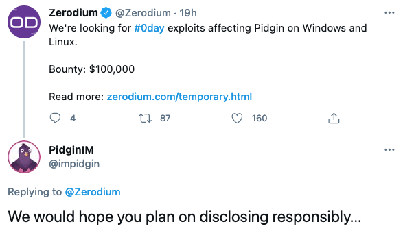 Zerodium looking for Pidgin exploits
