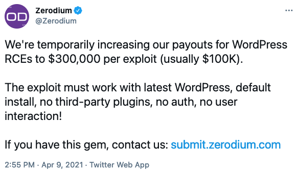 Zerodium offering bigger payouts for WordPress RCE exploits