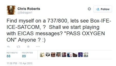 Chris Roberts tweet about hacking plane