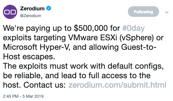 Zerodium looking for Hyper-V and ESXi exploits