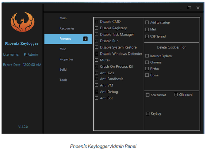Control Panel for Phoenix Keylogger Infostealer 