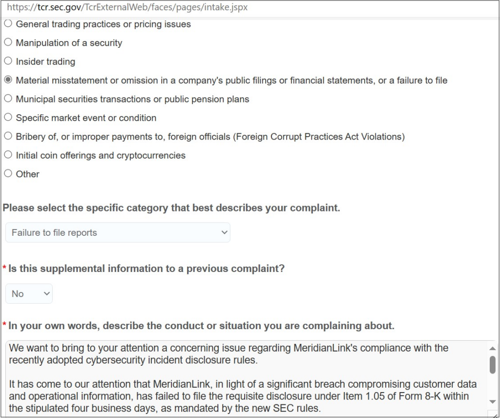 Complaint filed with the SEC against MeridianLink