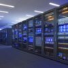 Interior of an AI data center with high-density server racks and networking infrastructure.