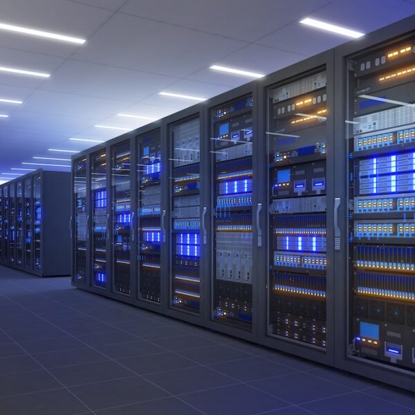 Interior of an AI data center with high-density server racks and networking infrastructure.